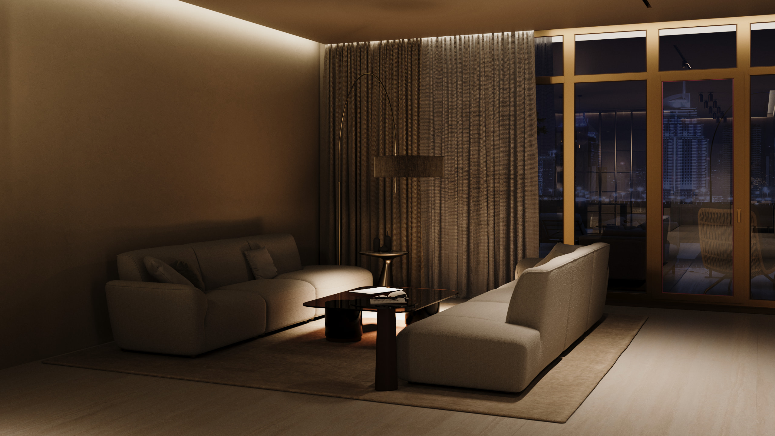 The Alba living area, evening view